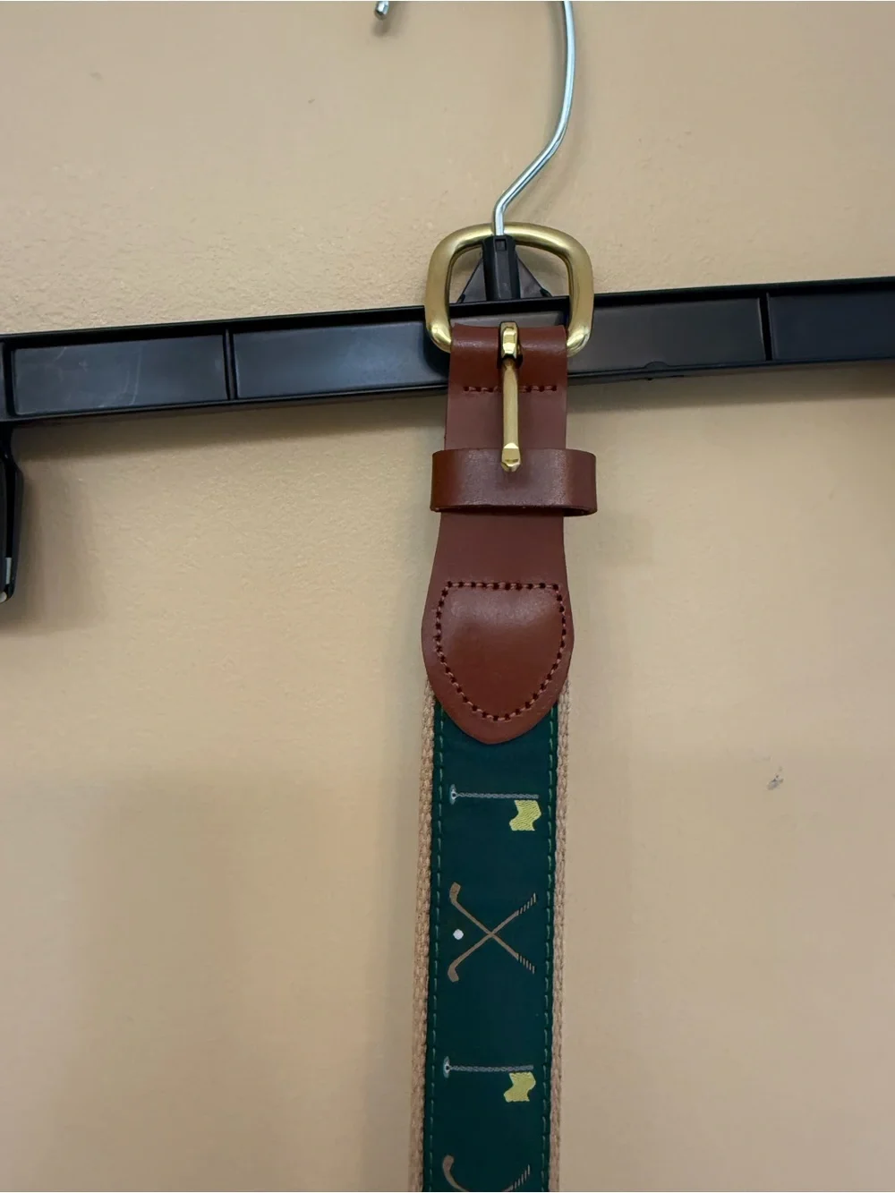 Men's Green Woven Belt with Brown Leather Trim